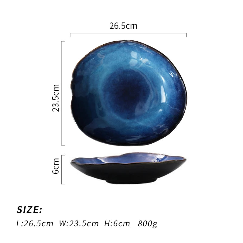 Ceramic Salad Plate Lrregular Food Dish Kitchen Supplies European Blue Glaze Pottery Dinner Plates Household Tableware
