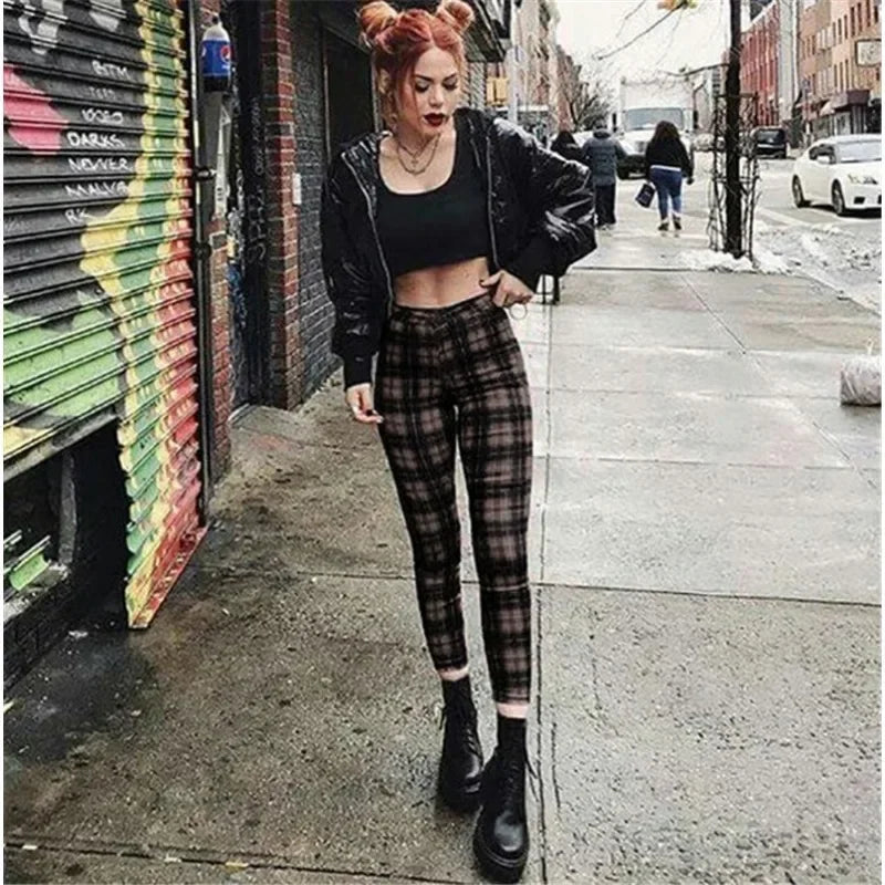 Lugentolo Women Plaid Pants Elasticity Fashion Leggings High-waist Casual Trousers Thin Summer Spring Street Long Pencil Cloth