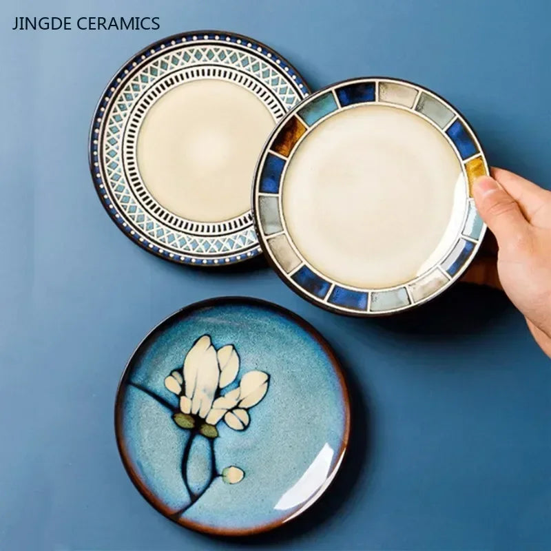 European Ceramic Cutlery Household Dishes Retro Kiln Glaze Porcelain Plate Handmade Ceramic Dinner Plates Kitchen Accessories