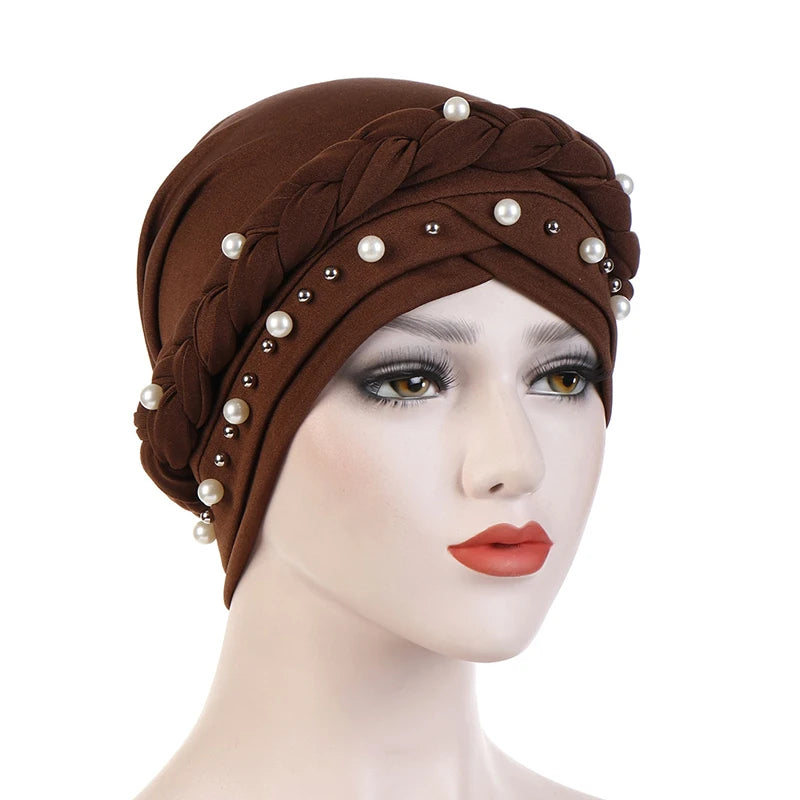 Braid Cross Forehead Women Hijabs with Faux Pearl Decor Solid Color Muslim Female Head Scarf Elegant Turban for Women Elastic
