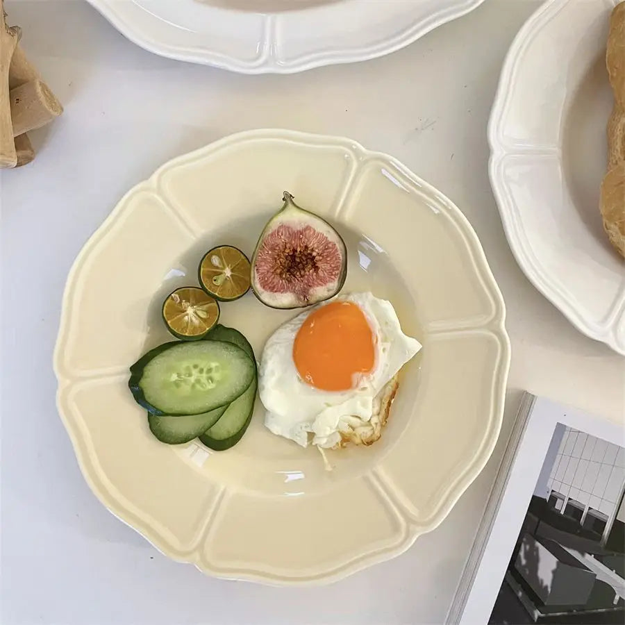 French Ins Style Western Dish Cream Colored Ceramic Western Plate Oval Retro Dessert Cake Plate High Aesthetic Breakfast Dish