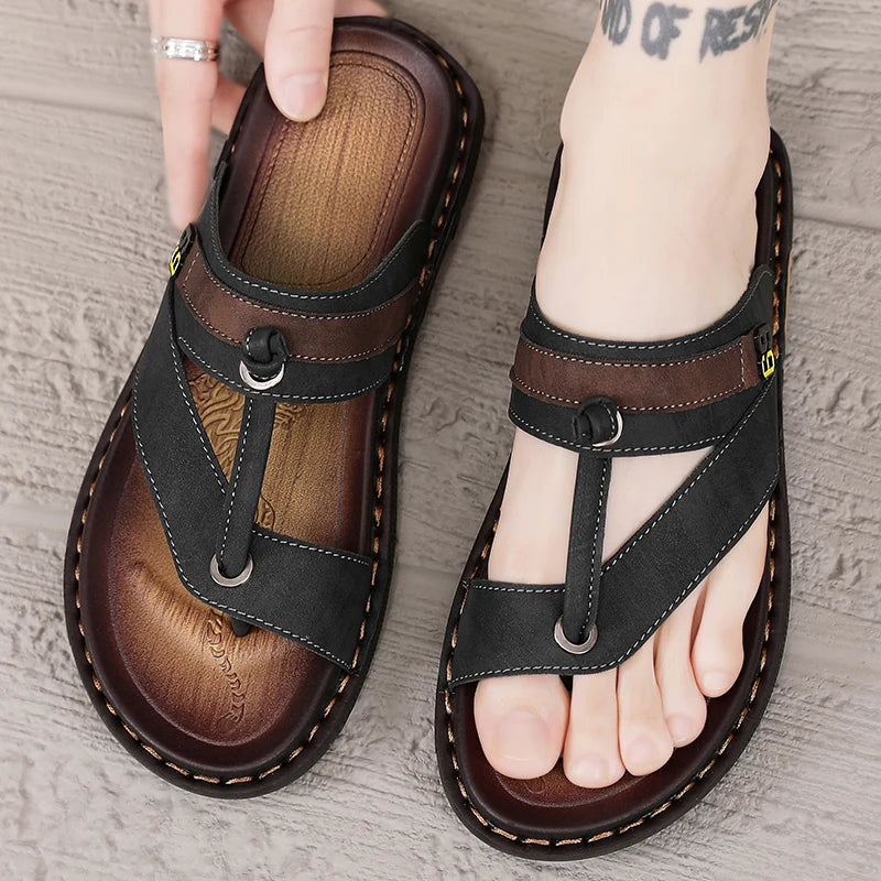 Men's Leather Slides Comfortable House Slippers Breathable Rubber Sole Indoor Outdoor Summer Sandals