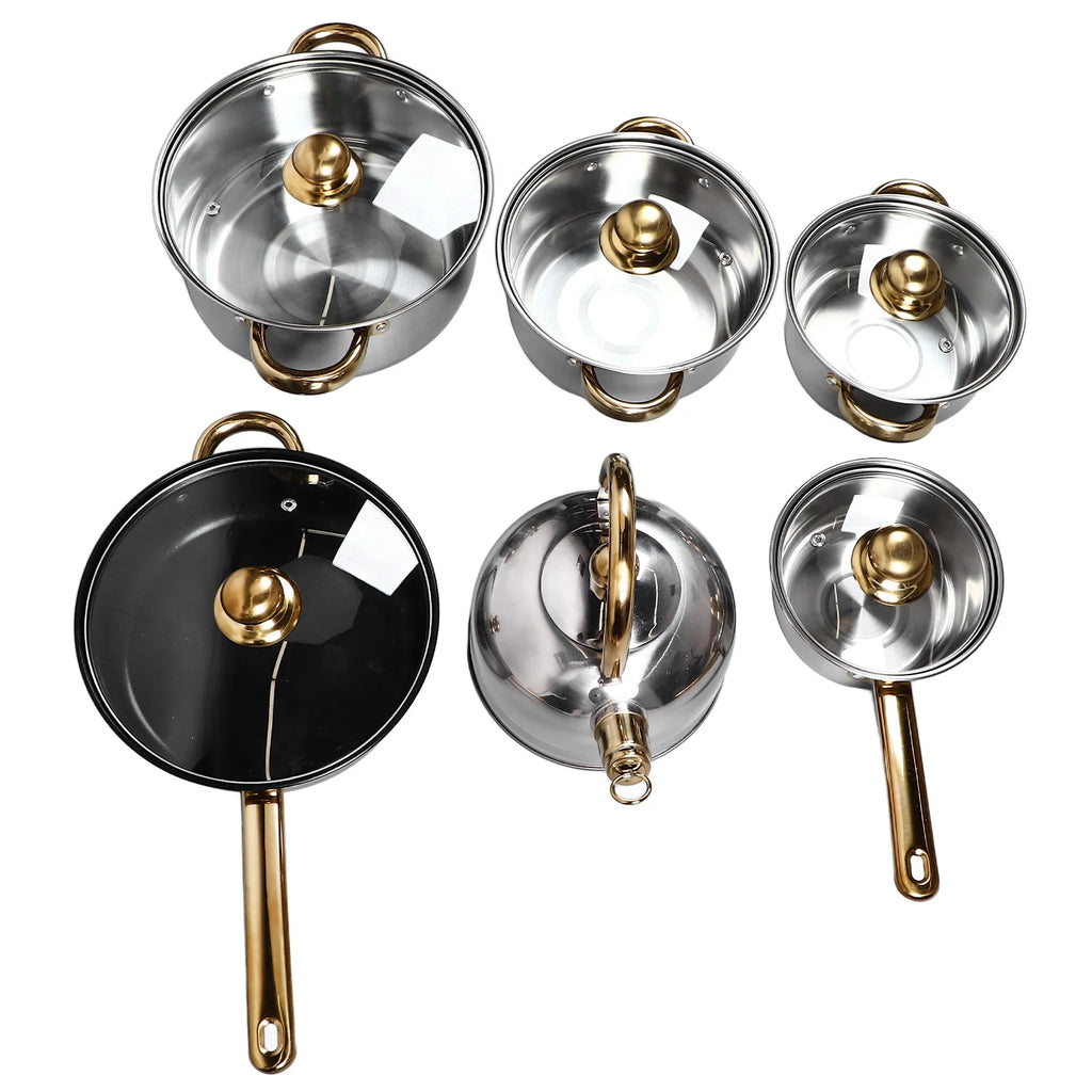 12Pcs Kitchen Pots Stainless Steel Golden Handle Smoothing Sturdy Pot Durable Easy to Clean Cookware Set for Home Cooking