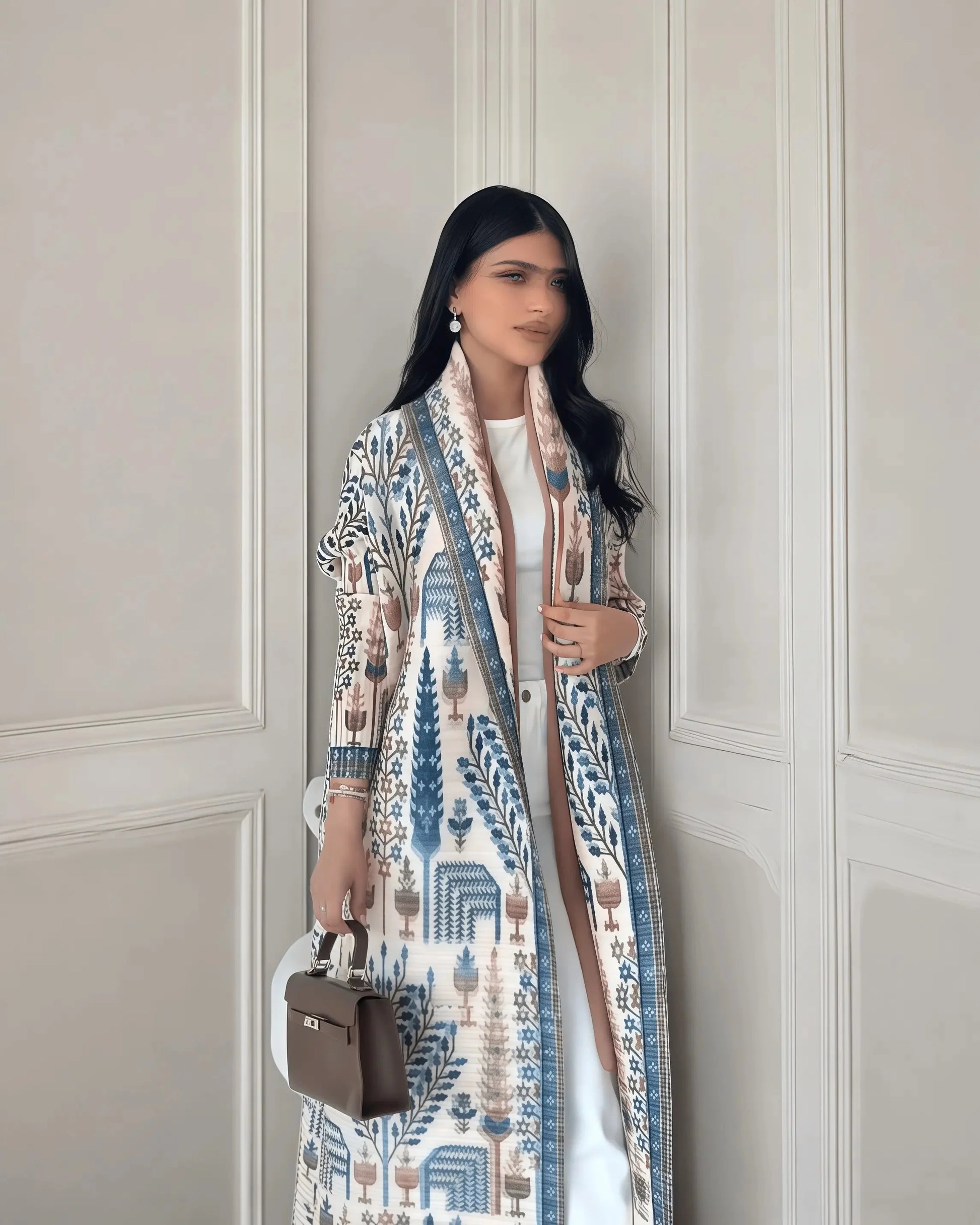 Women's Fold Miyake Pleated Abaya Long Sleeve Print Foldable Collar Robe Cardigan Coat New Winter Fashion Original Design 2024