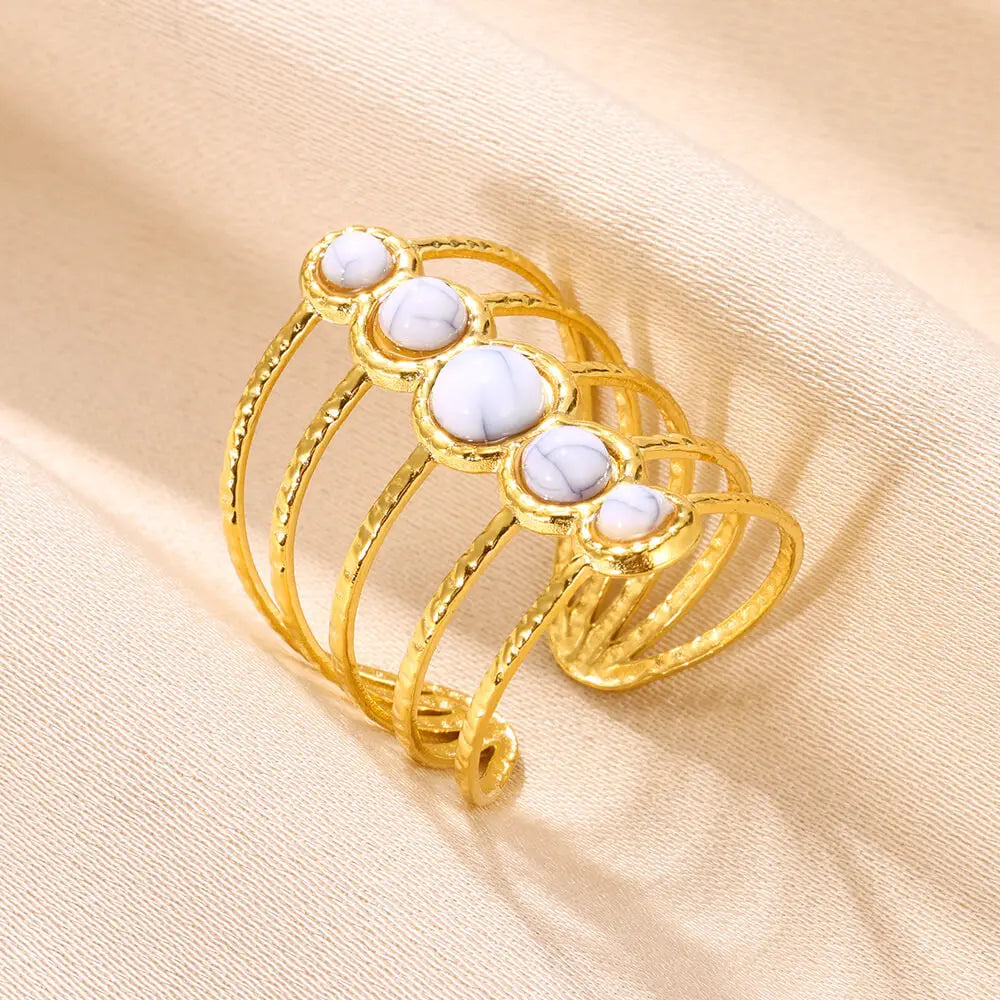 Stainless Steel Double Wide Rings For Women Trendy Aesthetic Gold Color Ring Vintage Natural Stone Hollow Jewelry Gift New In