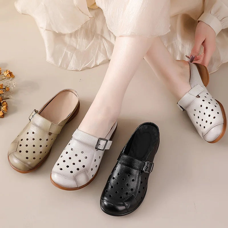 2025 Cow leather low heel sandals women's hollow out mules shoes woman buckle strap slipper sandals ladies elegant slip on shoes