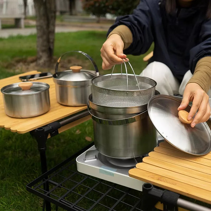 NOBANA 14/22pcs Outdoor Stainless Steel Pot Set Camping Family Pot Set 5L Portable Picnic Soup Pot Frying Steaming Household Pot