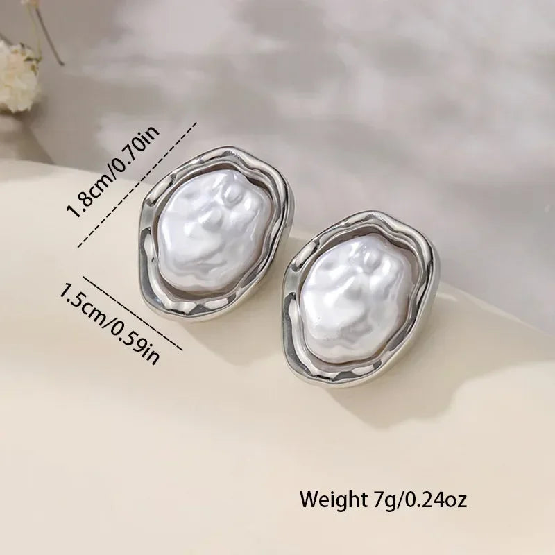Fashion Geometric Irregular Round Metal Pearl Earrings for Women 2024 Minimalist Style Personality Earrings Trendy Jewelry Gift