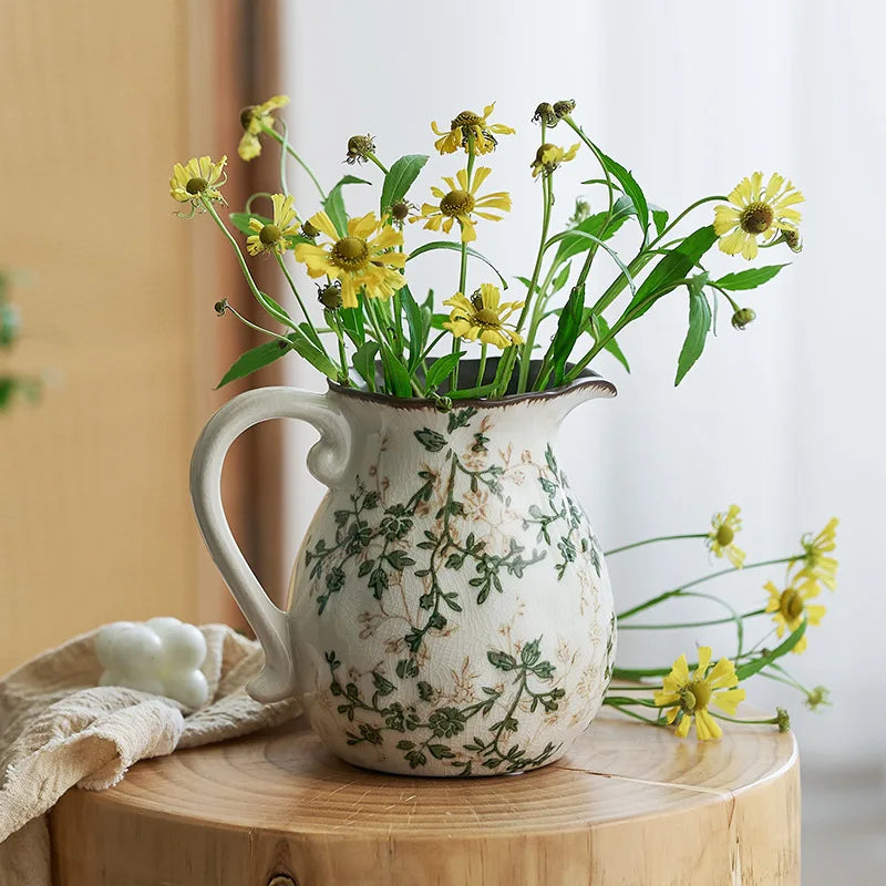 Rustic Country Ice Cracked Milk Pitcher Ceramic Vase Pastoral Scenery Ornament for Flower Arrangement Vintage Decorative Home