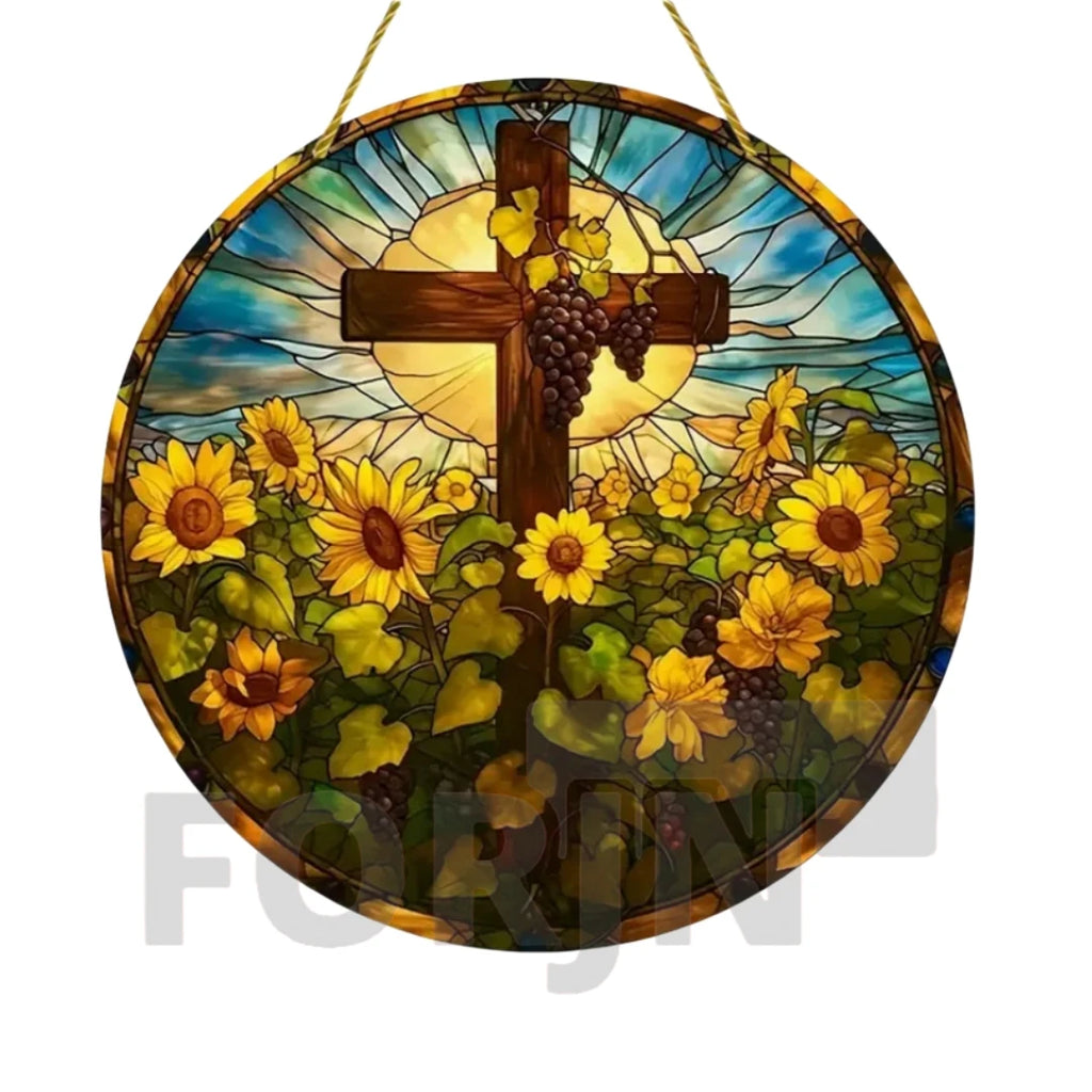 Cross Sun Catcher Acrylic Round Sign,Faux 3D Christianity Religious Pendant Plate,Home,Garden,Room,church,Holy Week&Easter Decor