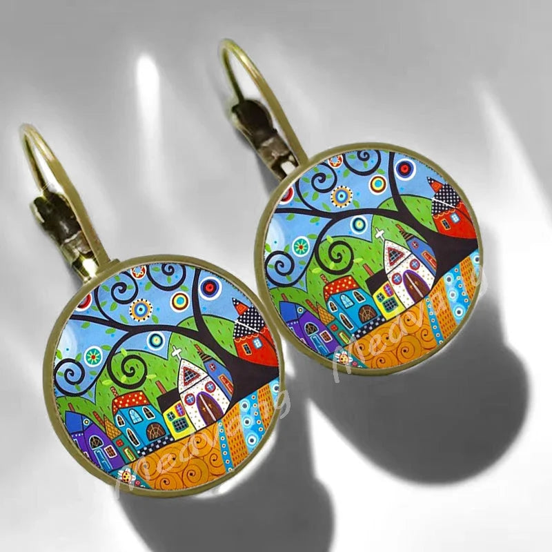 2024 Natural Scenery Earrings beautiful village Women Stud Earring  Abstract Oil Painting House Glass Cabochon Earrings  jewelry