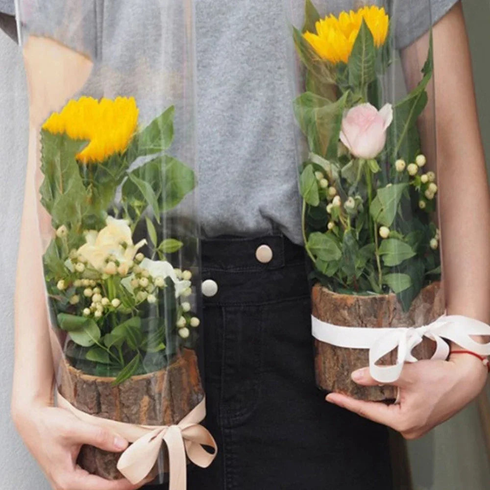 Wooden Plant Pot Vintage Round Table Decorative Style Wooden Flowerpot Fake Tree Bark Succulent Plants Creative Container