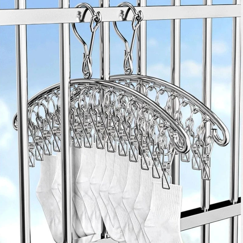 Heavy Duty Stainless Steel Laundry Hanger 20 Clip Windproof Sock Dryer Rack Curved Garment Organizer for Home Dorm Clothes Airer