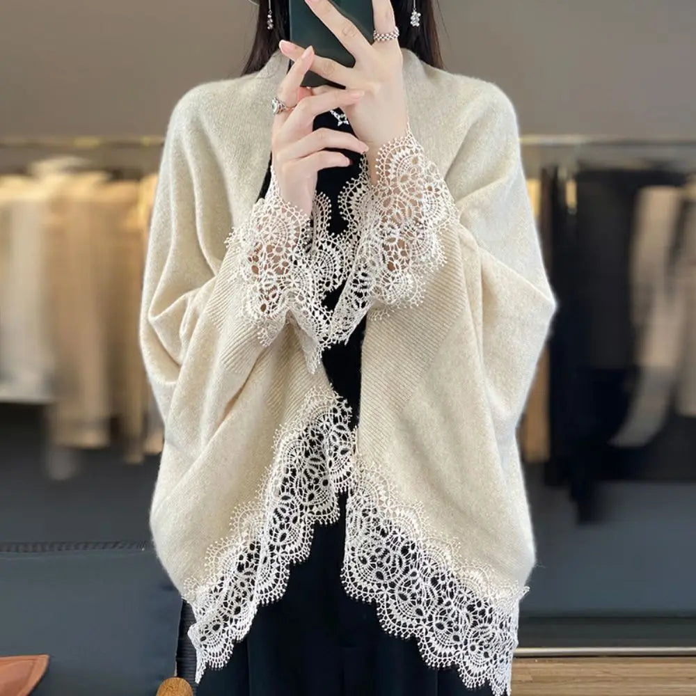 Fashion Women Wool Knitted Shawl Spring Autumn Breathable Lace Edge Scarf Skin Friendly Luxury Brand Design Cloak Shawl