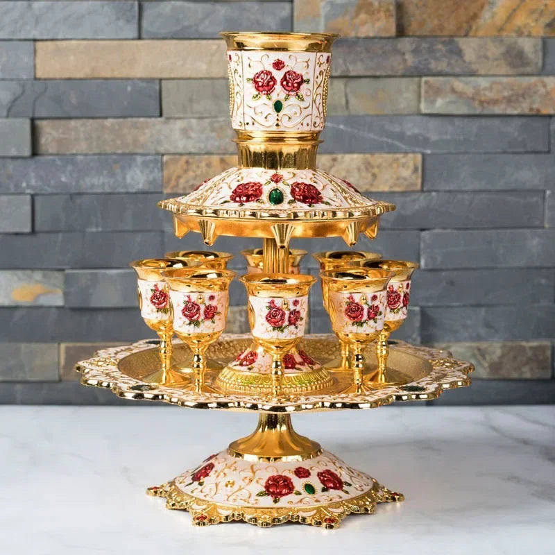 Kiddush Cup & Fountain, Dinner Gathering Wine Pouring Pot Dispenser, Wine Glass Holder Gift Set Copper Alloy