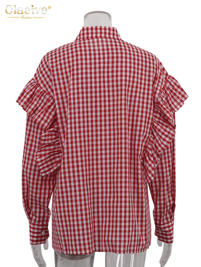 Clacive Fashion Loose Plaid Cotton Women Blouse 2024 Casual Lapel Long Sleeve Shirts Elegant Classic Ruffle Top Female Clothing