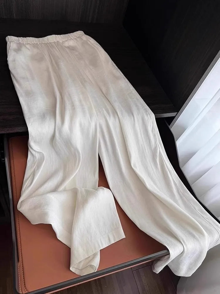 2025 White Cotton and Linen Wide-leg Pants Women's Summer Thin Loose Lazy Drape High-waisted Straight Pants Casual Pants