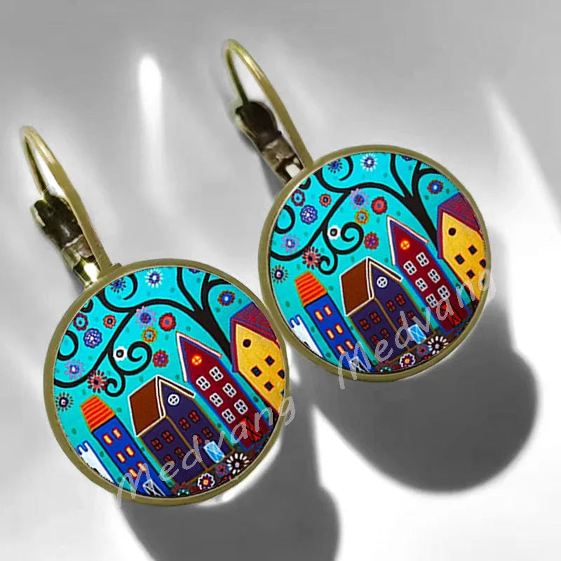 2024 Natural Scenery Earrings beautiful village Women Stud Earring  Abstract Oil Painting House Glass Cabochon Earrings  jewelry