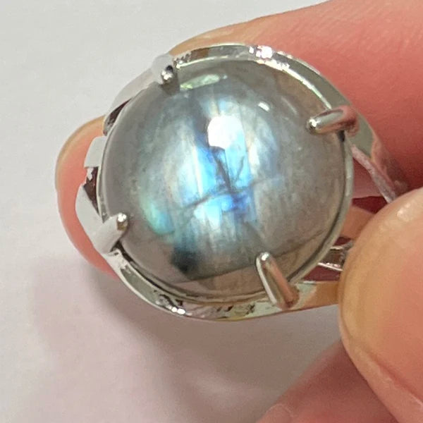 Ring Natural Stone Round Bead Blue Labradorite Adjustable Finger