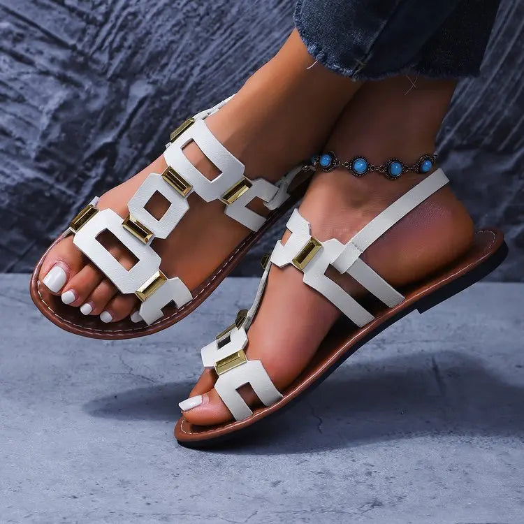 2025 Round Headed Leather Ladies' Sandals Flat Casual Beach Shoes Comfortable Footwear with Metal Decoration for Women
