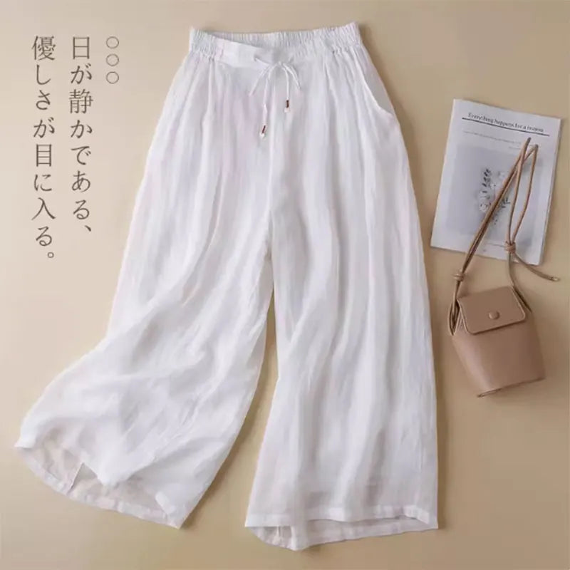 Khaki Linen Solid Casual Lace Up Elastic High Waist Loose Wide Leg Women's Pants Ankle-Length Pants For Women Clothing 2024
