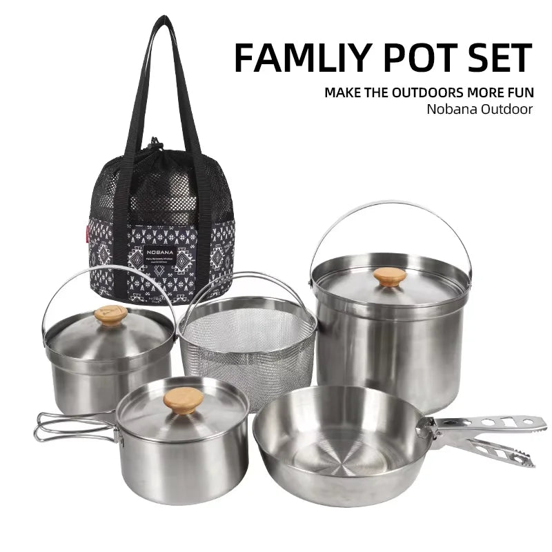 NOBANA 14/22pcs Outdoor Stainless Steel Pot Set Camping Family Pot Set 5L Portable Picnic Soup Pot Frying Steaming Household Pot