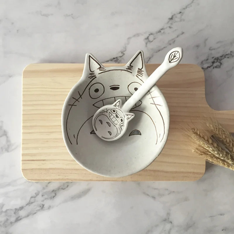 Japanese Hand Drawn Cartoon Cat Clay Spoon Handmade Ceramic Dessert Spoons Small Rice Soup Spoon Kitchen Tableware Coffee Scoop