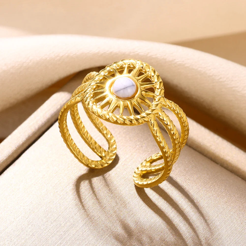 Round Sun Natural Stone Hollow Rings For Women Trendy Aesthetic Classic Gold Color Ring Vintage Stainless Steel Jewelry Gift New