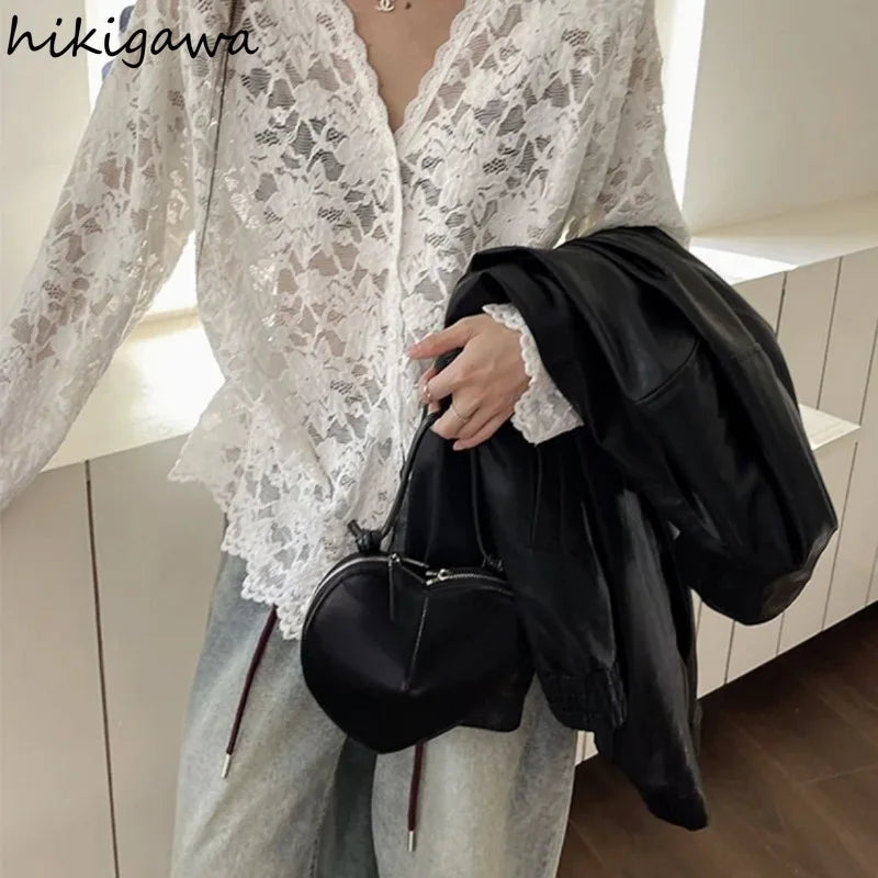Long Sleeve Lace Blouses Women Clothing 2025 Blusas Mujer De Moda Hollow Out Sexy Tops See Through Fashion Summer White Shirts