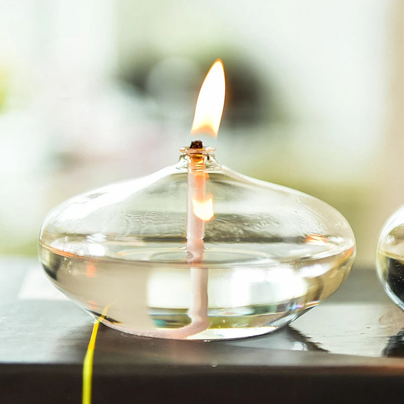 Handmade Oblate Transparent Glass Candlestick Oil Lamp with Wick Dinner Table Candle Rustic Christmas Home Decoration