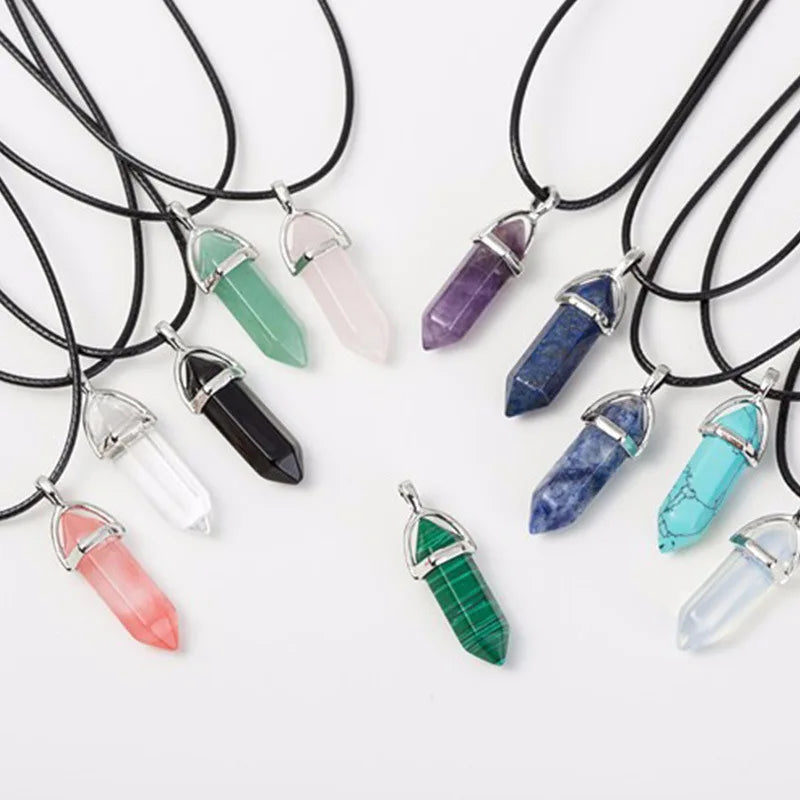 New Hexagonal Column Natural Stone Choker Necklaces Vintage Pink Purple Crystal Pendent Necklace for Women Leather Chain Jewelry