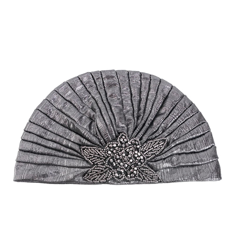 New Metallic Jewelry Turban Caps Elegant Pleated Head Band For Women Hijab Scarf Bonnet Islamic Wrap Beanies Head Scarves