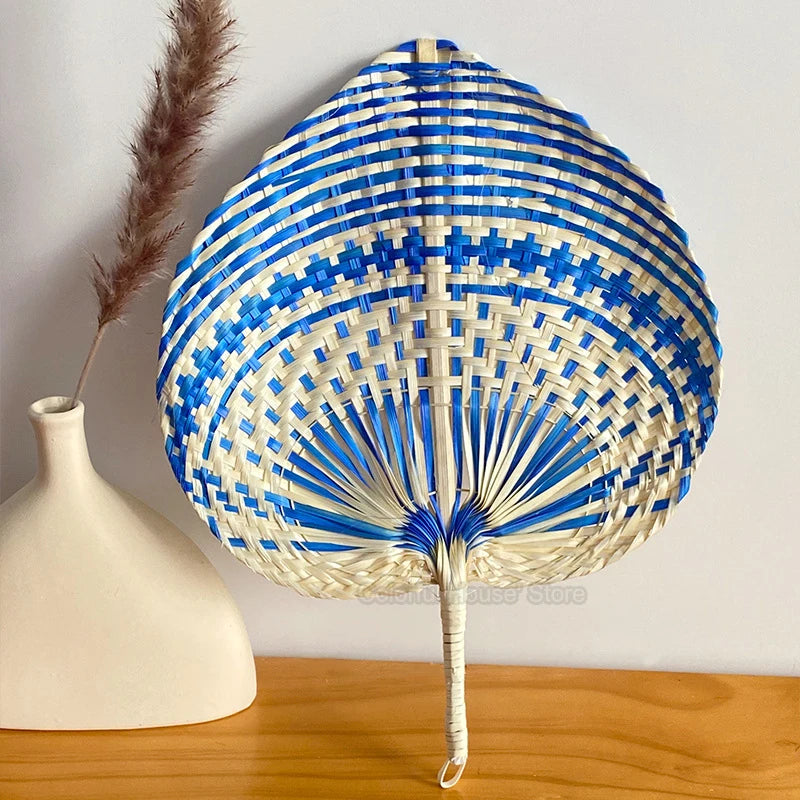 Ethnic Style Summer Cooling Handmade Natural Bamboo Wedding Party Hand Straw Weaving Hand-cranked Fan Art Craft Woven Home Decor