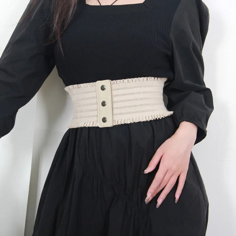 Ruffles Wide Belt Triple Buckle Elegant Elastic Waistband Decorative Dress Girdle for Women Large Size Luxury