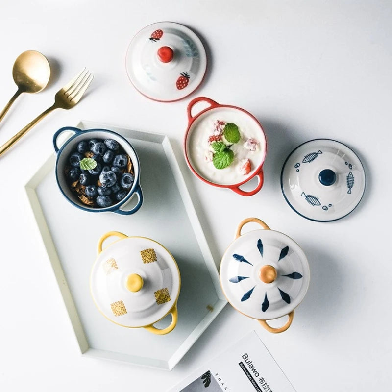 Ceramic Bowl Cartoon Double Ear Bowl with Lid Kid Food Supplement Bowl Ramen Bowl Salad Food Containers Microwave Oven Tableware