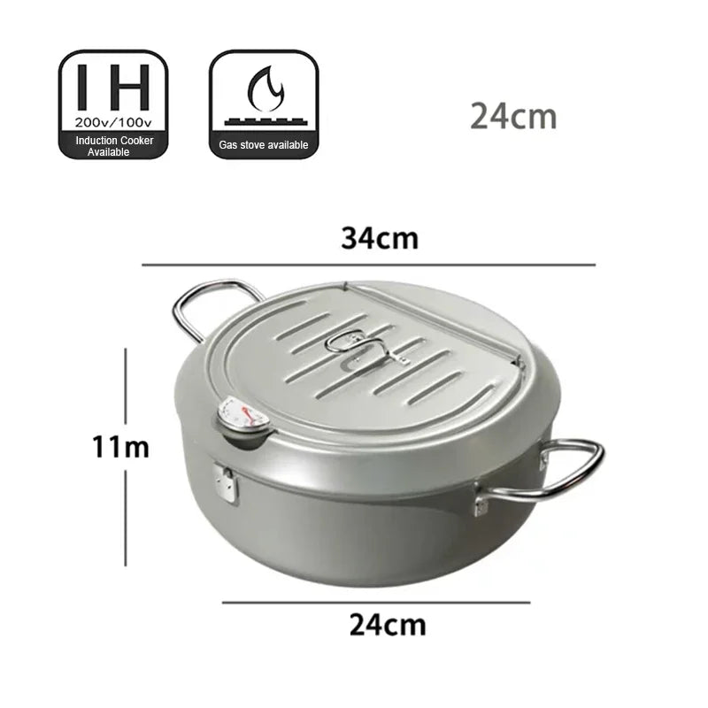 304 Stainless Steel Oil Pan Japanese Deep Frying Pot with a Thermometer and a Lid Kitchen Tempura French Fries Oil Fried Pan