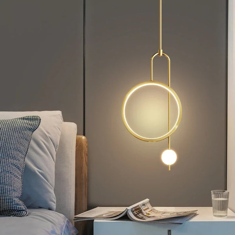 Modern Pendant Light Gold Ring Led Bedroom Bedside Hanging Lighting Minimalist Nordic Luxury Living Room Background Ball Lamp