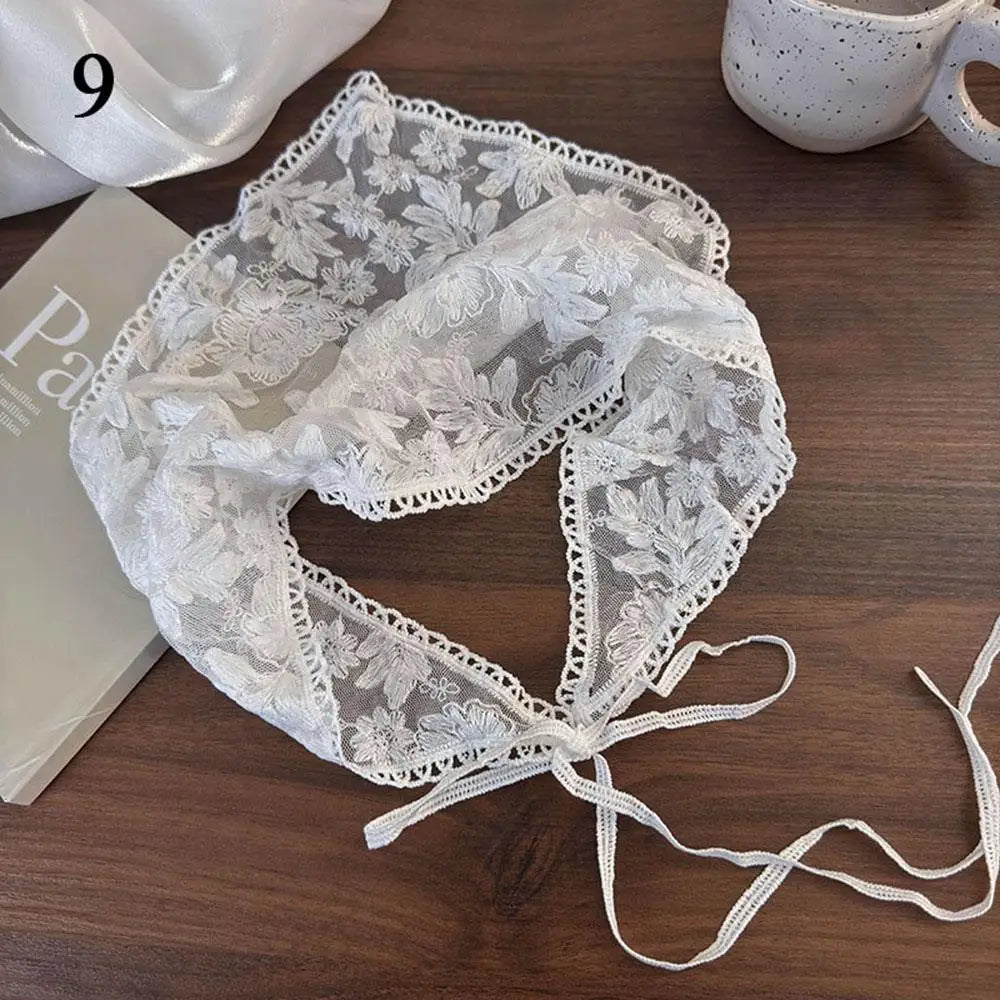 Elegant Lace Floral Hair Scarf Women Triangle Headscarf Korean Lace Up Neck Scarf Lace Flower Sunscreen Travel Photo Headband