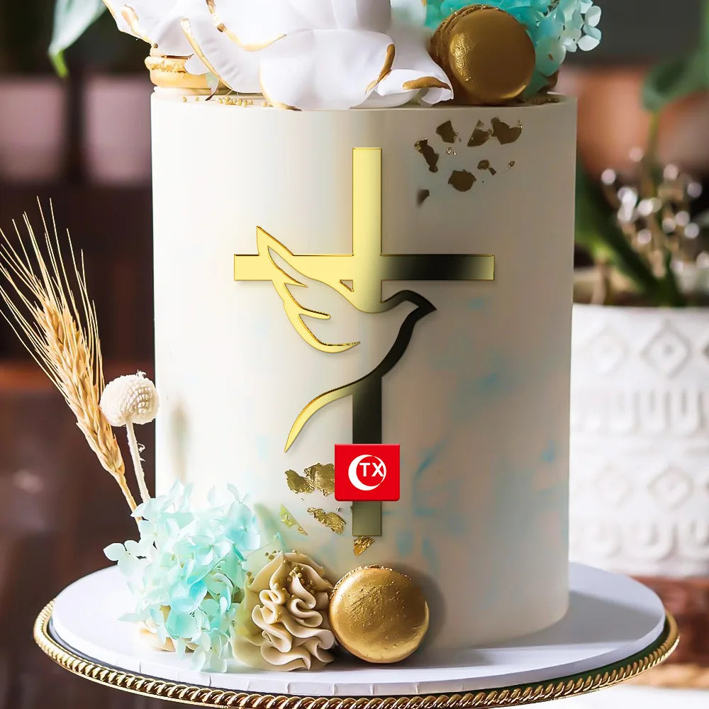 New Baptist Cake Topper Boys and Girls Pigeons IHS Eucharist Golden Cake Topper for Birthday Party Acrylic cake decoration
