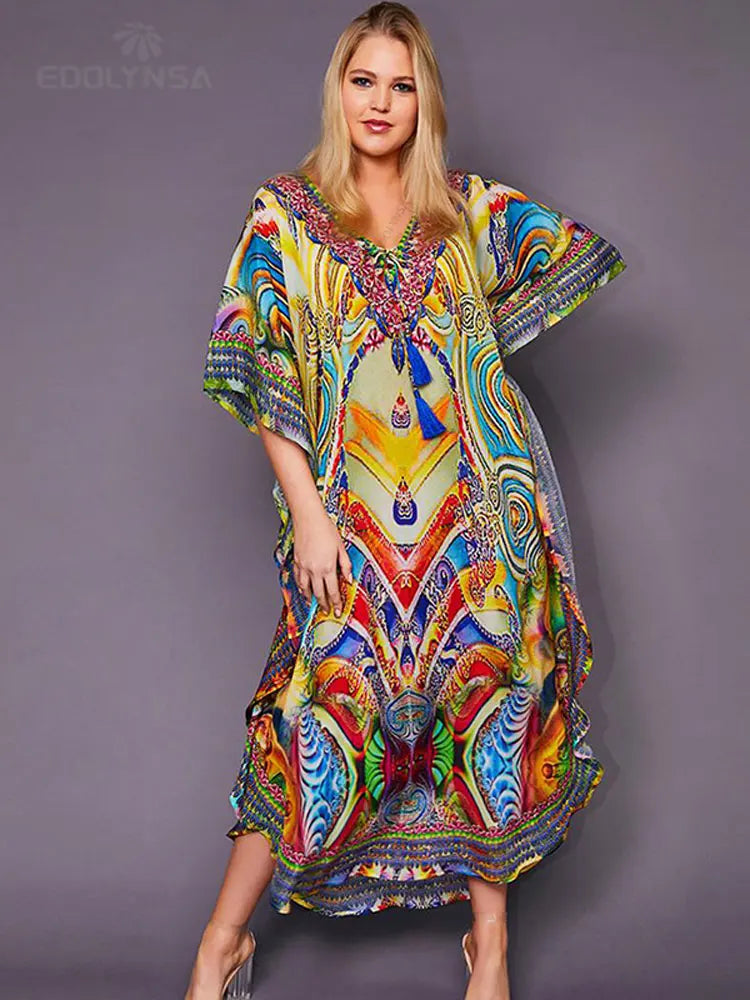 2025 Quick-drying Bohemian Printed Loose Summer Beach Dress Moroccan Kaftan Women Plus Size Beachwear Tassel Midi Dress Q897
