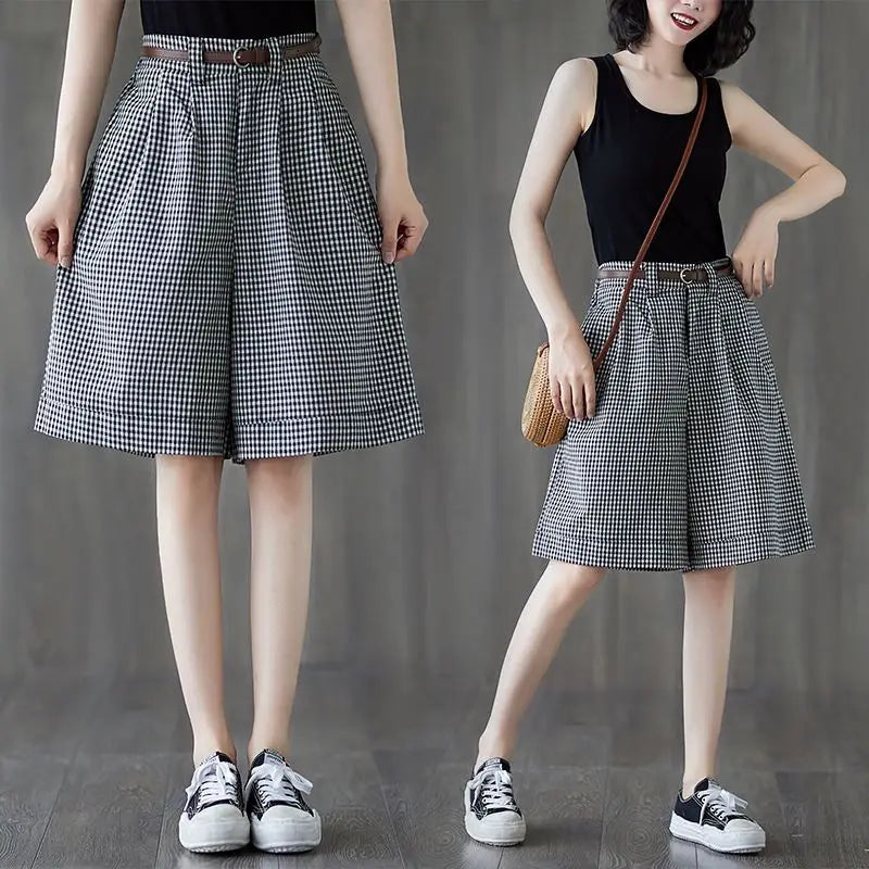 Cotton Linen Loose Plaid Large Size Wide Leg Women Summer Simplicity Office Lady Straight Fashion Appear Thin Casual Shorts