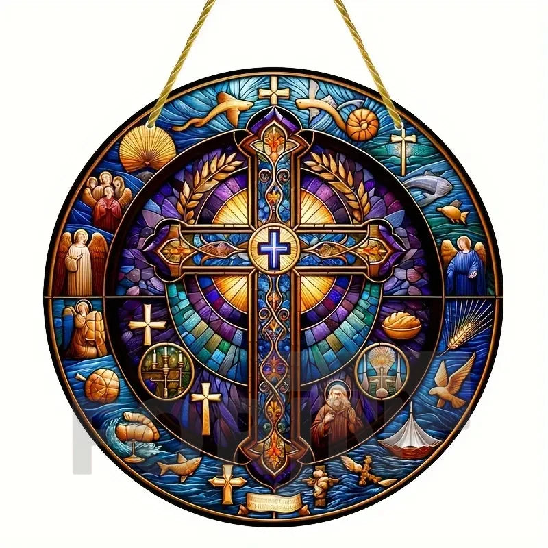 Cross Sun Catcher Acrylic Round Sign,Faux 3D Christianity Religious Pendant Plate,Home,Garden,Room,church,Holy Week&Easter Decor