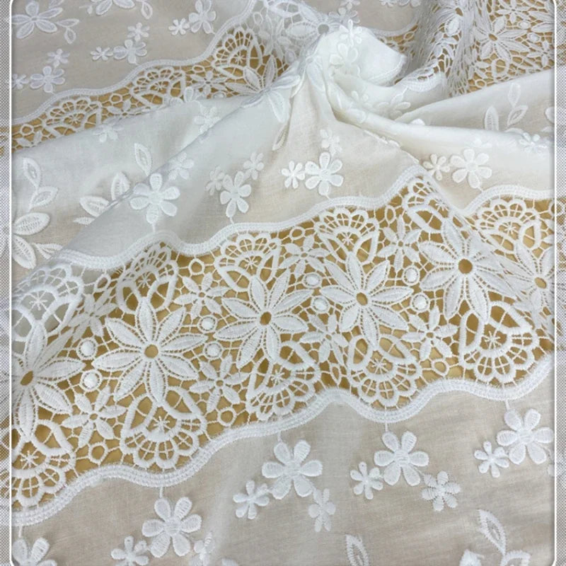 Off Cotton Lace Fabric for Women, Making Skirt Clothing, Wedding Dress Fabric, DIY Women's Embroidery, Hollow Cloth, 130cm Wide