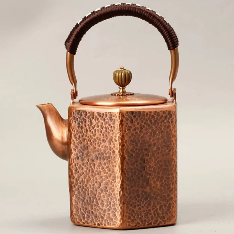 Pure Copper Coffee Pot,Retro Creative Hexagon Teaware 1000 ml Milk Tea Filter Weave Heat Carry By Hand Kettle,Handcrafted Teapot