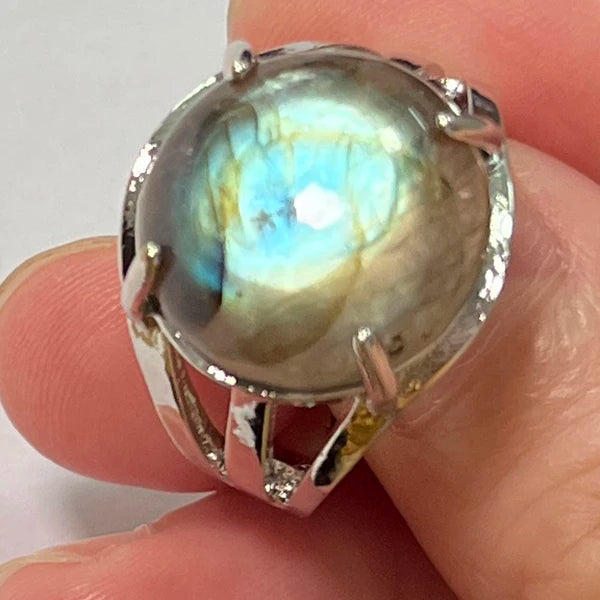 Ring Natural Stone Round Bead Blue Labradorite Adjustable Finger