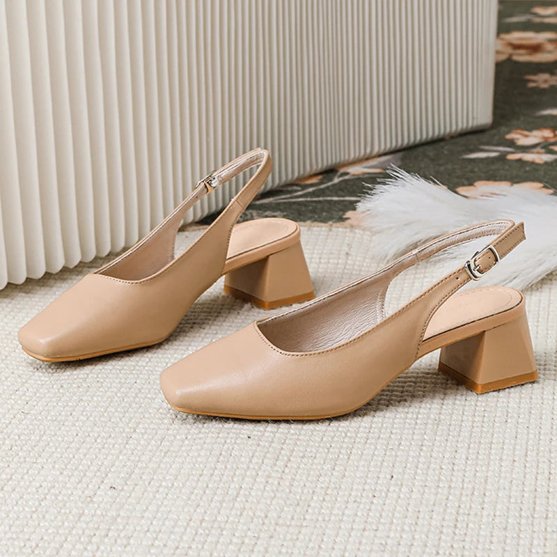 shoes suqare toe leather sandals women thick high heels summer shoes back strap green  big size 43