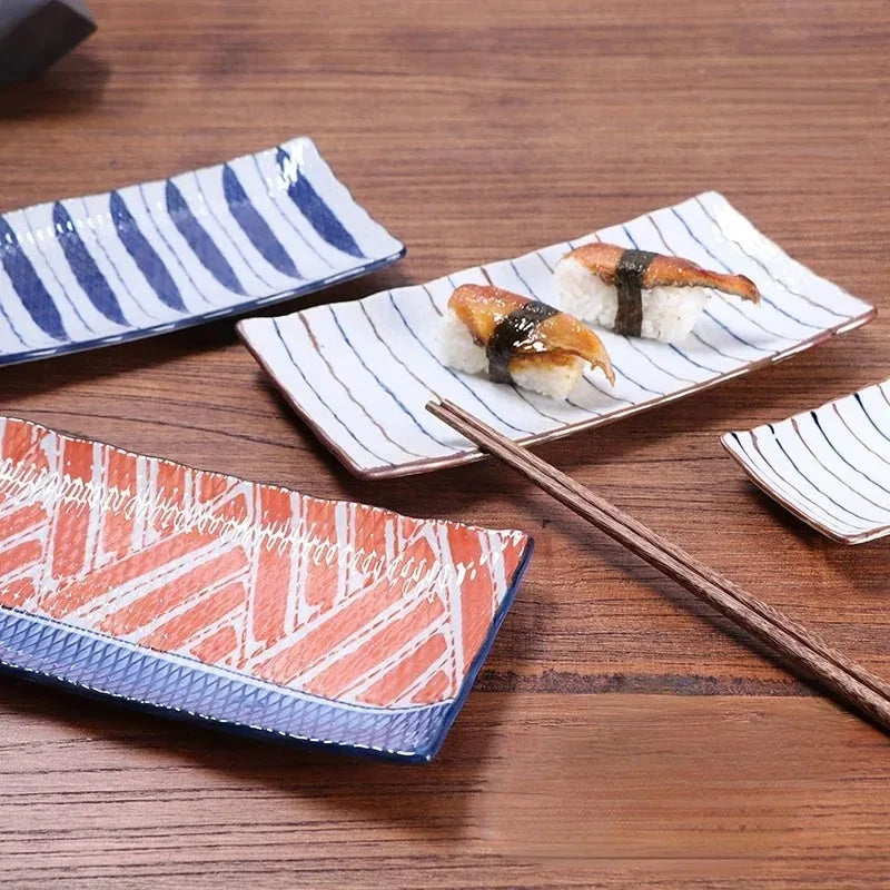 Plate Japanese Ceramic Tableware High Temperature Underglaze Color Hand-painted Tableware New Chinese Creative Rectangular