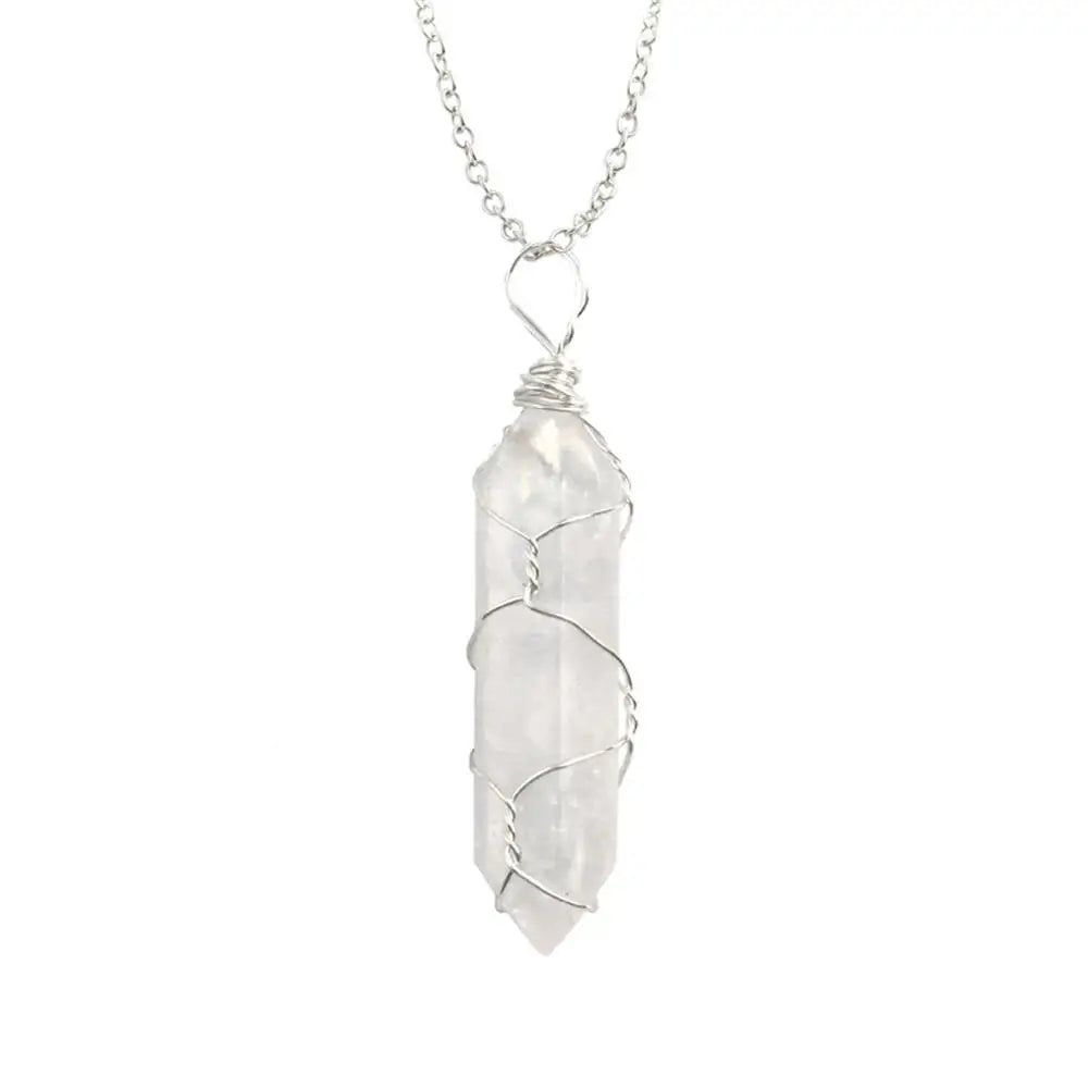 Jewelry Amethyst Tiger Eye Rose Quartz Natural Stone Hexagonal Cylindrical Crystal Necklace Wire Wrap Stone Pendant