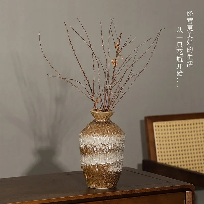 European Style Retro Style Ceramic Vase Living Room Advanced Sense Coarse Clay Pot Simple Dried Flower Arrangement Decoration