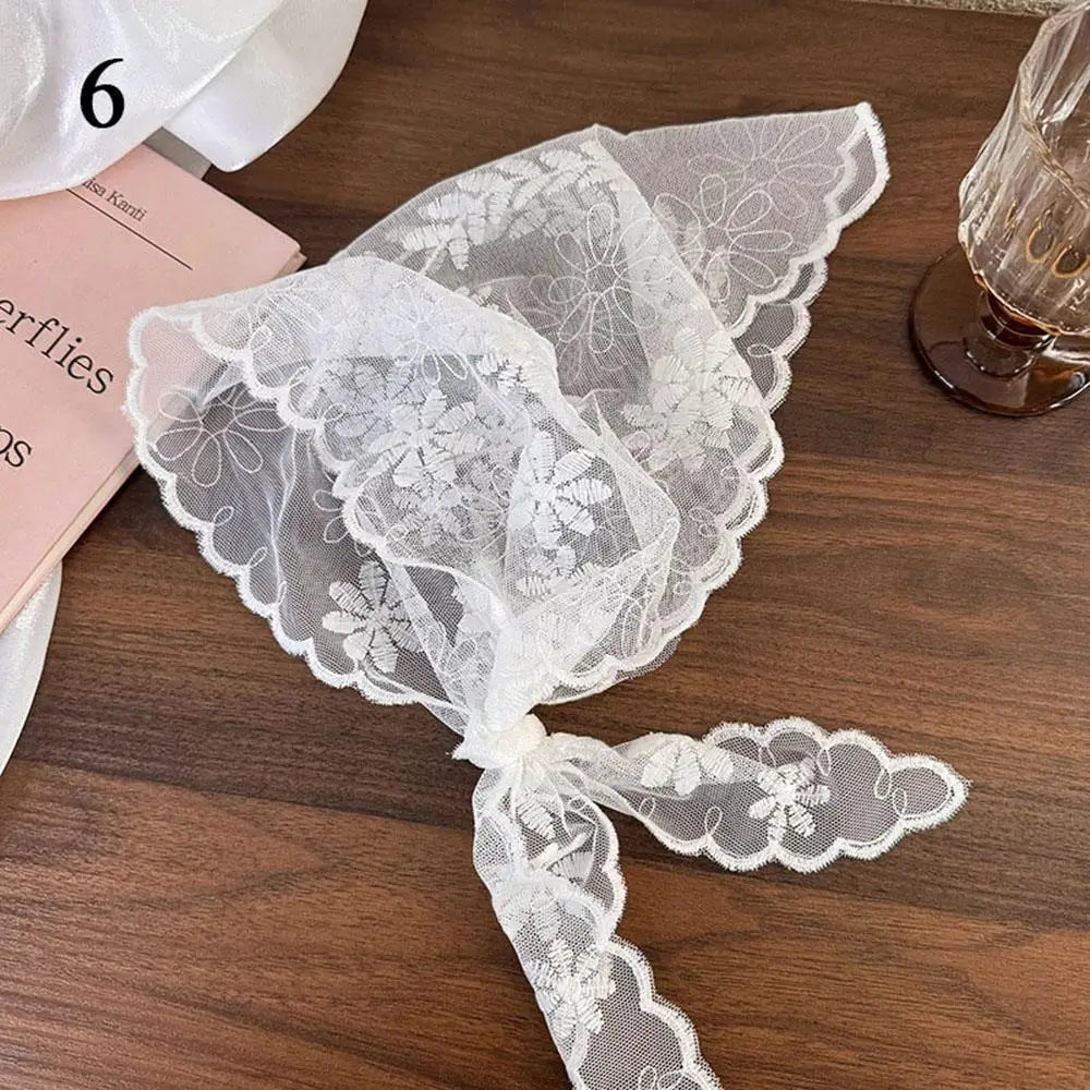 Elegant Lace Floral Hair Scarf Women Triangle Headscarf Korean Lace Up Neck Scarf Lace Flower Sunscreen Travel Photo Headband